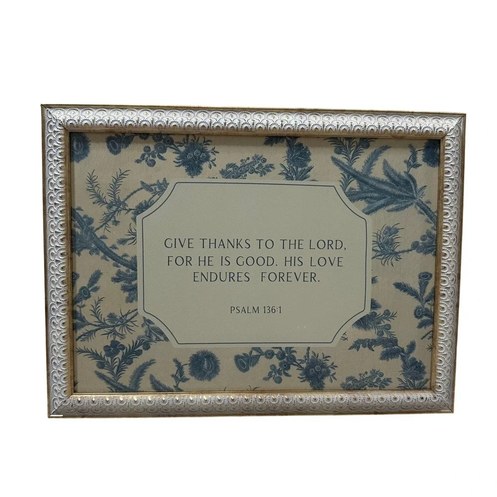 Petal Lane Home Psalm 136:1 Framed Wall Art Blue Toile Ornate White Gold 15x11